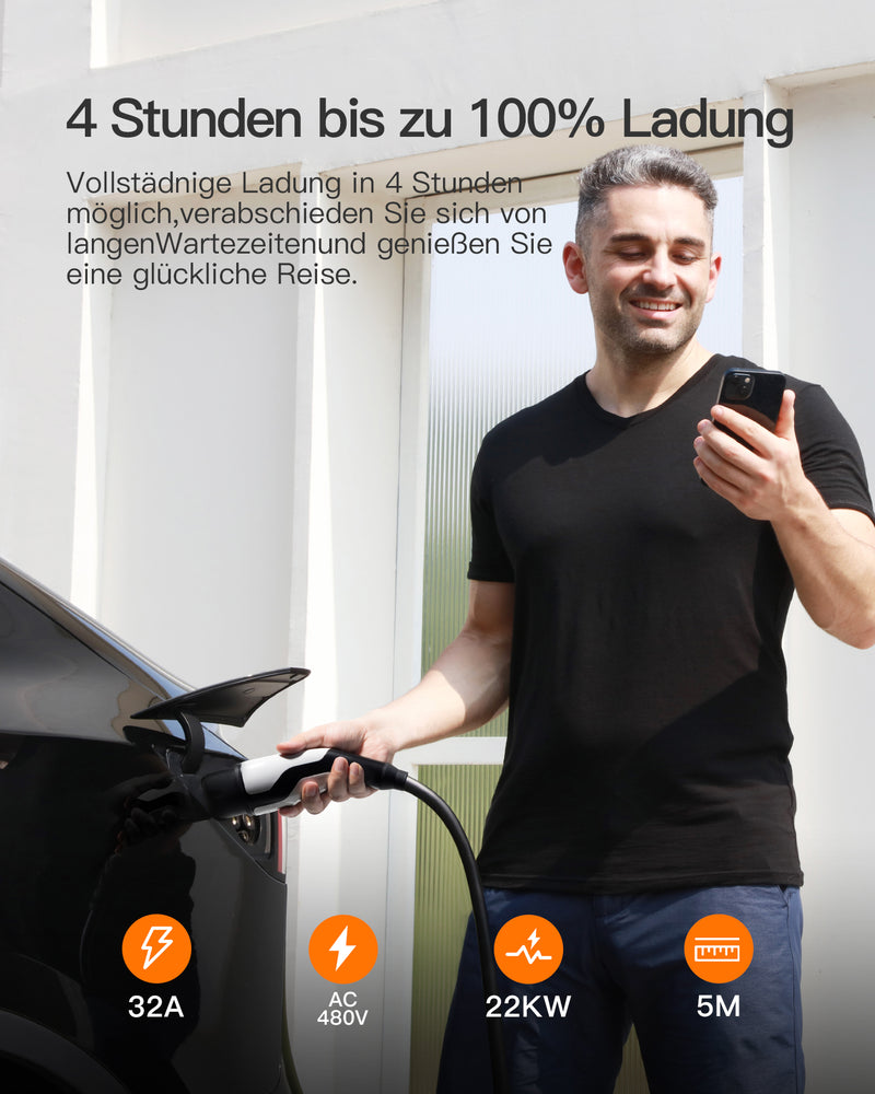 Typ 2 zu Typ 2 Schnellladekabel, 22 KW 32A 3-Phasen-Elektro 5M, für Elektro- und Plug-in-Hybridfahrzeuge, EV1001 - Tomons DE Onlineshop