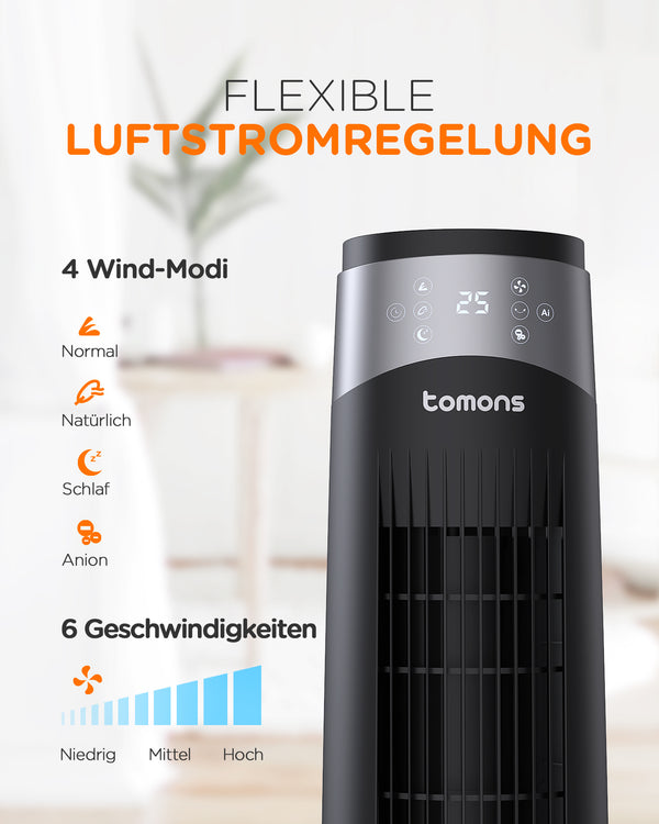 Turmventilator mit Fernbedienung mit 6 Windgeschwindigkeiten & 4 Modi